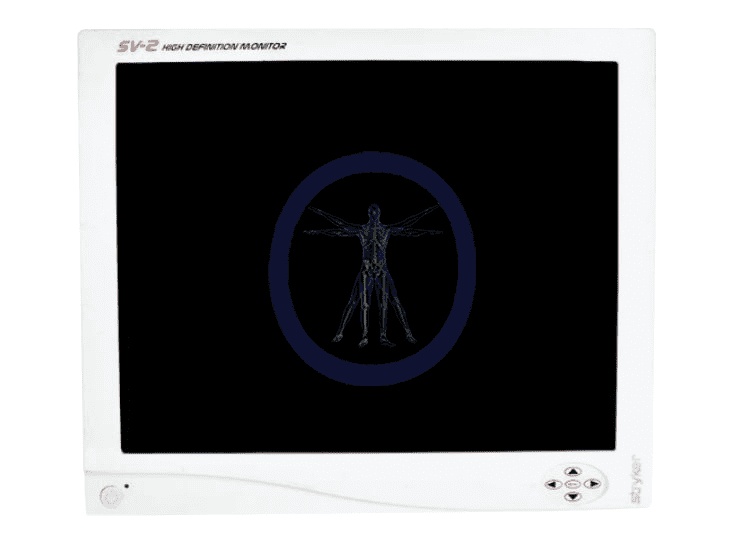 An image of Leonardo da Vinci's Vitruvian Man displayed on an old Stryker-240-030-920 19″ Flat Panel Monitor.