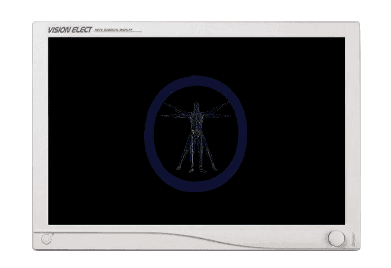 X-ray display of a human positioned in da vinci's vitruvian man pose, shown on a Stryker-240-030-960 26″ Vision Elect HDTV Flat Panel Monitor.