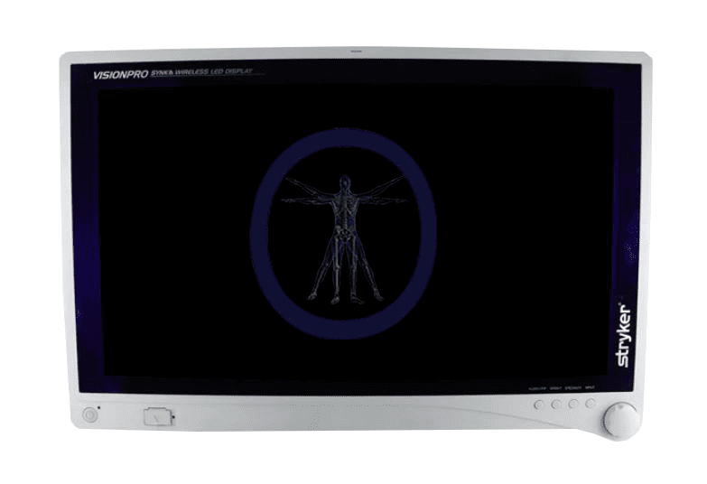 Medical monitor displaying a digital image of a human skeleton within a blue circle, branded by Stryker-240-031-000 26" VisionPro Synk Wireless LED Display.