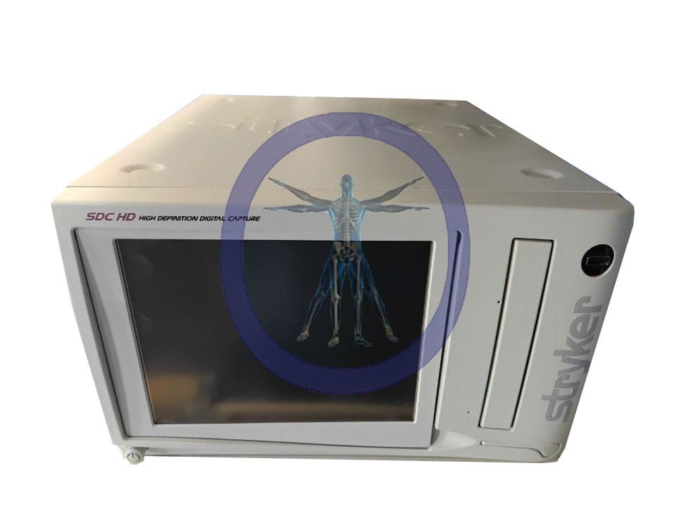 A Stryker SDC 240-050-888 HD Digital Capture Device displaying a skeletal anatomy image on its screen.