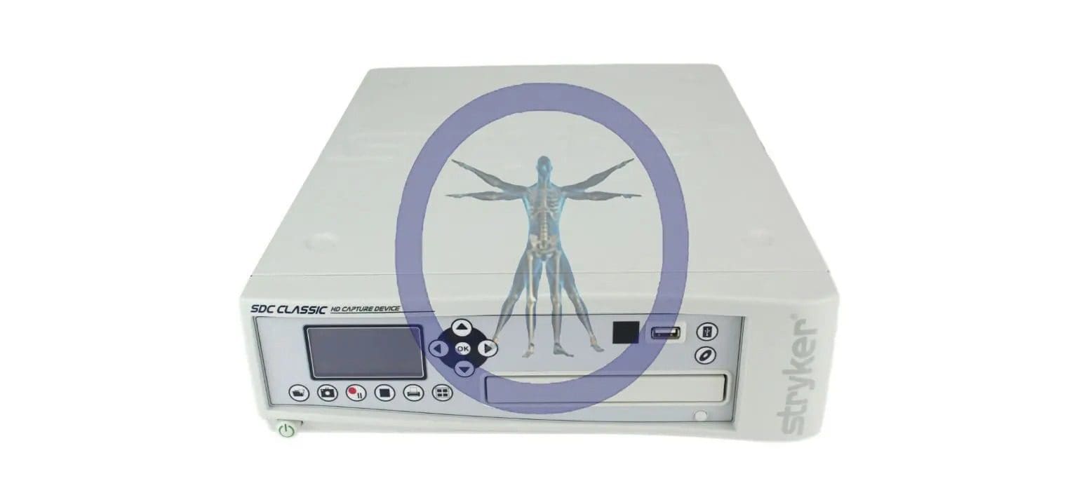 A Stryker SDC 240-050-989 Classic HD Image Capture Device with a graphic of the vitruvian man on its front, isolated on a white background.