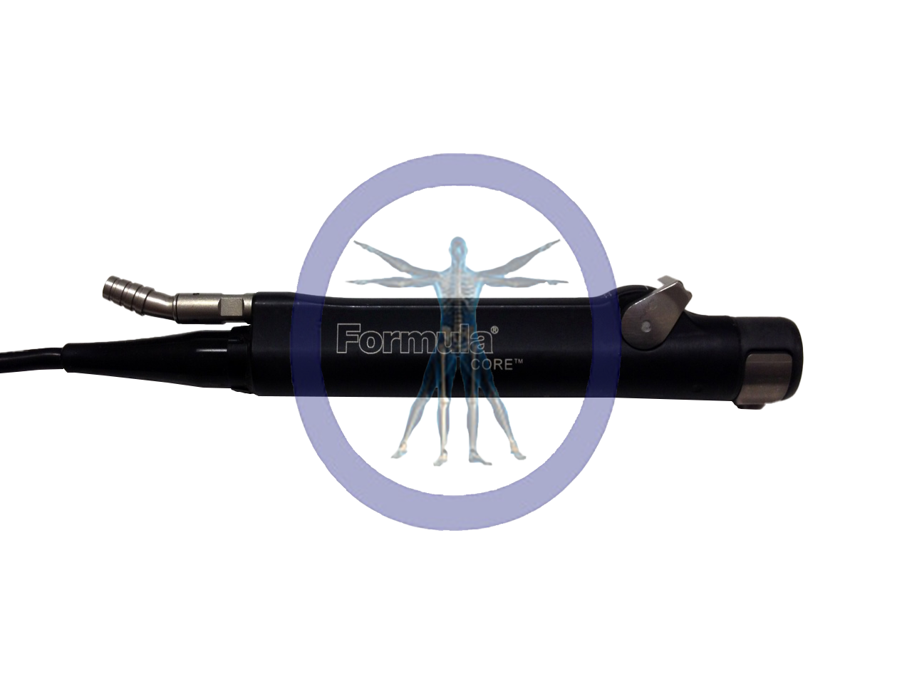 A close-up of a Stryker 375-701-500 Formula Shaver with a connector, overlaid with a blue and purple circle featuring a human-like figure in the center, labeled "formula core.