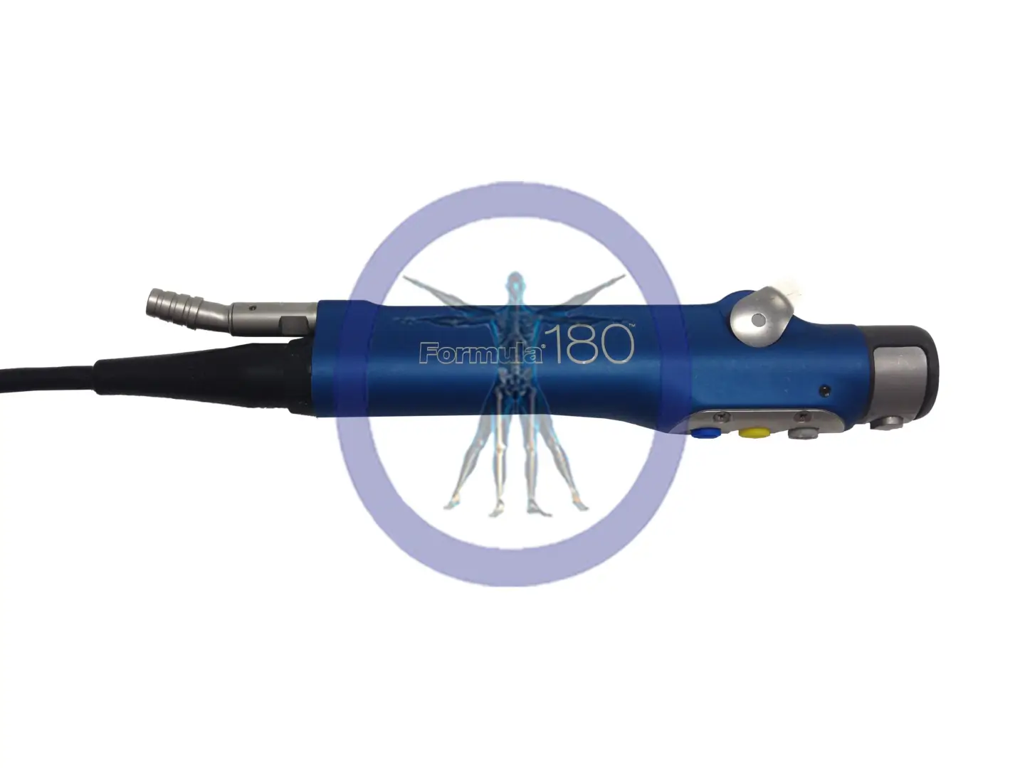 Blue microphone with Stryker 375-708-500 Formula 180 Shaver With Buttons label, accompanied by a small silver figure inside a purple circle.