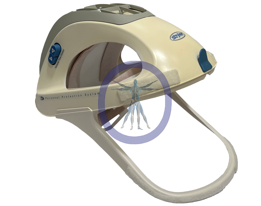 An image of a Stryker 400-600 T4 Surgical Helmet for head and neck radiation therapy, designed to minimize patient movement during treatments, with a clear front panel.
