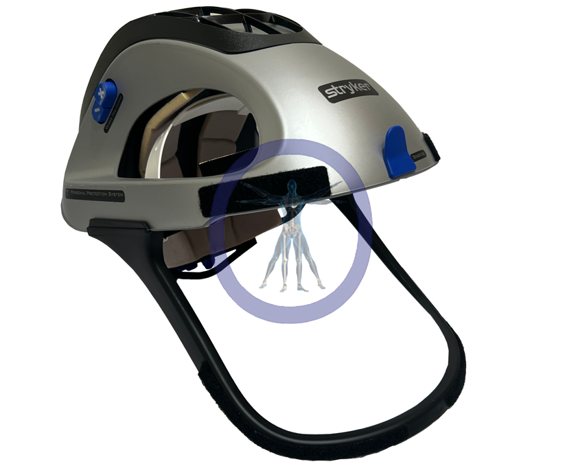 A Stryker 400-610 T5 Surgical Helmet with a front transparent visor and adjustable head straps, featuring a small graphic of an astronaut on the visor.