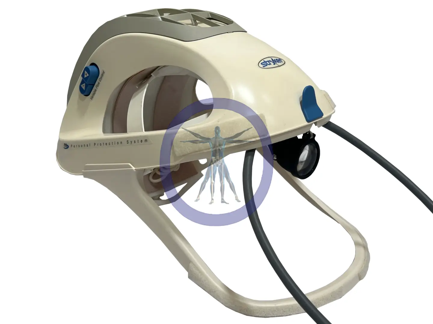 Beige and blue Stryker 400-625 T4 Surgical helmet with LED light and rear mounted adjustment dial.