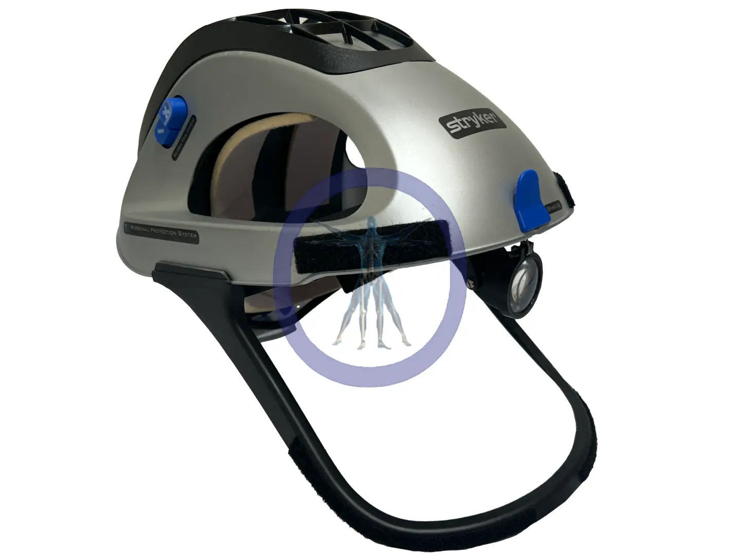 A Stryker 400-635 T5 Surgical Helmet With LED Light with blue accents and built-in headphones on a white background.