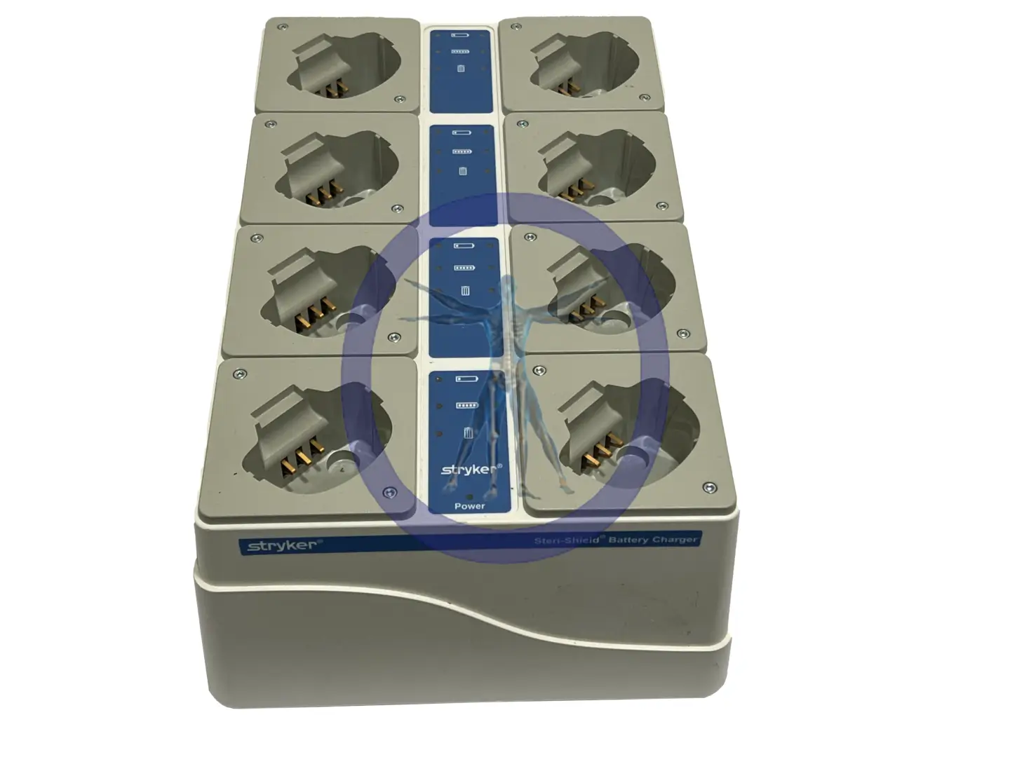 Eight-bay battery charging station for medical devices, labeled with "Stryker 400-655 T5 Battery Charger For Surgical Helmet" brand name, featuring status indicators and power buttons.