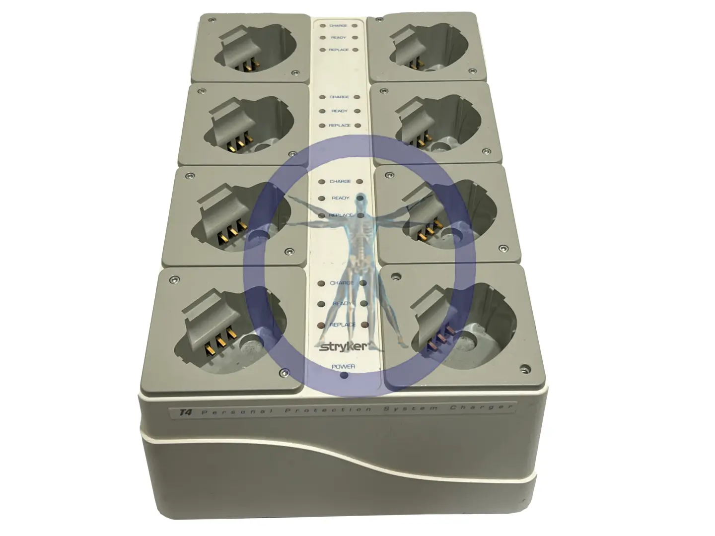 A Stryker 400-655 T4 Battery Charger for Surgical Helmet with multiple outlets arranged in rows and a central control panel, isolated on a white background.