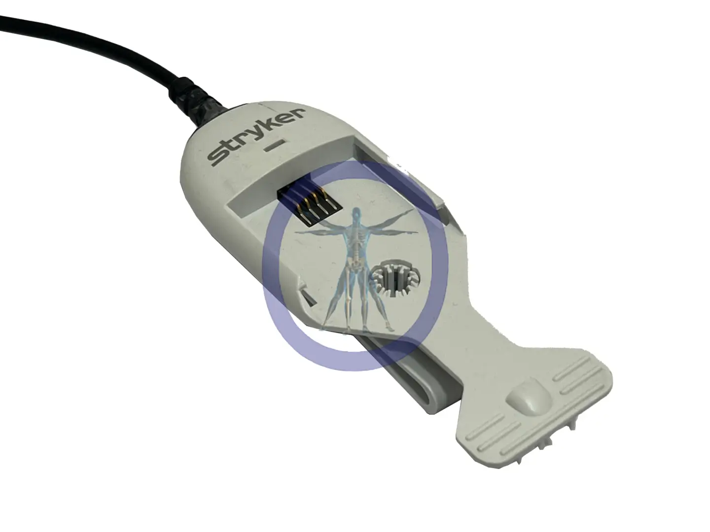 A medical device with a Stryker 408-600-300 Flyte Power Cord for Surgical Helmet featuring a magnified view showing a small metallic sculpture of Leonardo da Vinci's Vitruvian Man.
