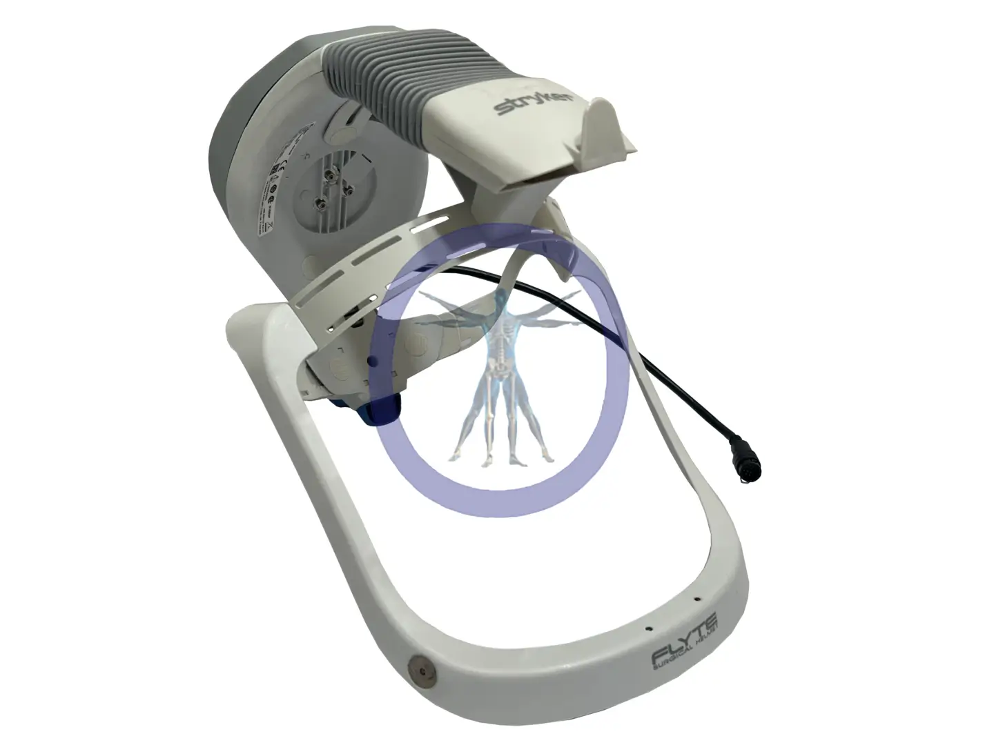 Stryker 408-600 Flyte Surgical Helmet with adjustable arm and swiveling lighted lens, featuring a transparent clip-on attachment containing a skeletal figure illustration.