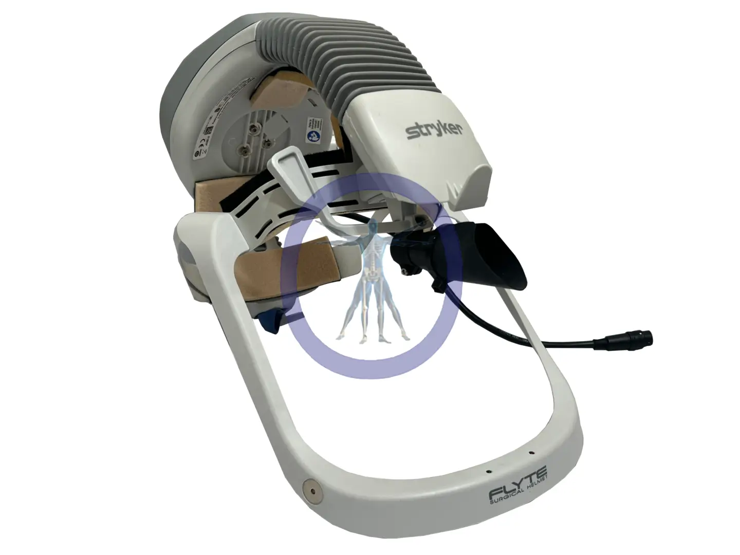 A Stryker 408-645-701 Flyte Surgical Helmet With LED Light, an x-ray imaging device, displayed on a white background.
