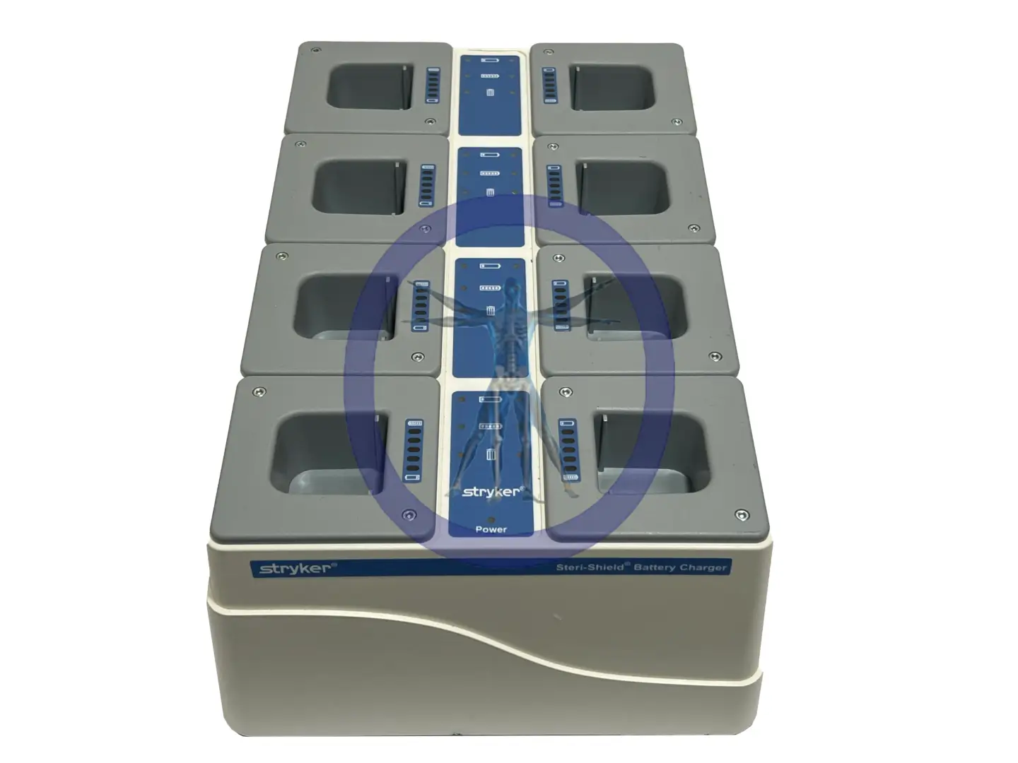 Stack of four Stryker 408-655 Flyte Battery Chargers For Surgical Helmet with visible power and status indicators, aligned in a pyramid configuration.
