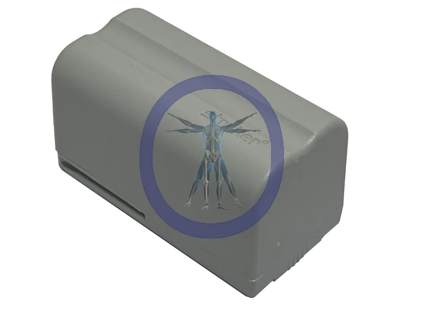 Gray Stryker 408-660 Flyte Battery For Surgical Helmet with a blue and white human anatomy diagram on the side.