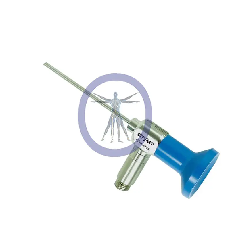Medical syringe with a blue plunger labeled "Stryker-502-027-030 Ideal Eyes 2.7 mm, 30° Autoclavable Stubby Eyepiece, J-Lock (75 mm)" and a holographic humanoid figure in a circular projection above the needle.