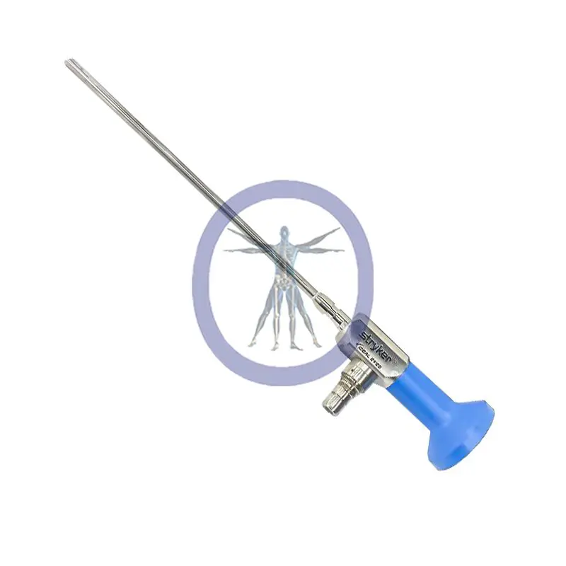 A Stryker-502-104-030 Ideal Eyes 4 mm, 30° Autoclavable Arthroscope with a blue plunger positioned against a background featuring the Vitruvian Man in a purple circle.