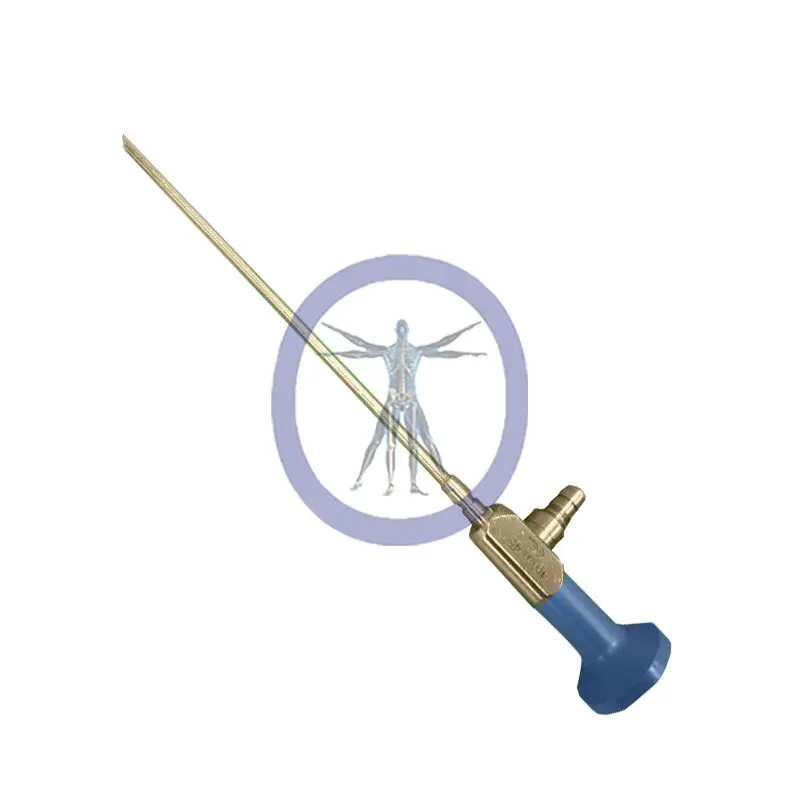 A Stryker-502-104-045 deal Eyes 4 mm, 45° Autoclavable Arthroscope, 140 mm Working symbol inside a blue circle crossed by a large, metallic acupuncture needle with a blue handle.