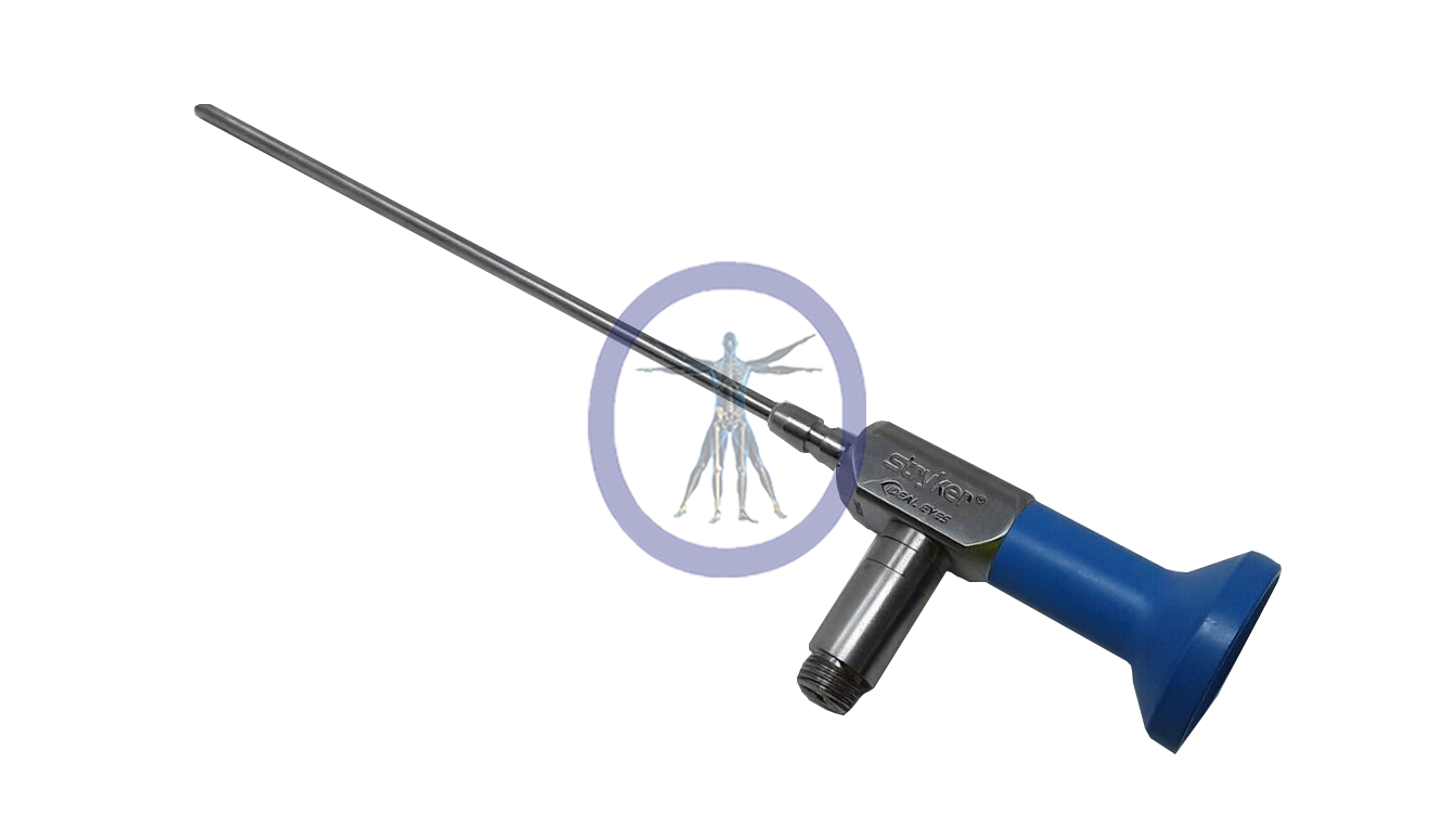 Medical Stryker-502-104-070 deal Eyes 4 mm, 70° Autoclavable Arthroscope with a neurological wheel symbol in the background, isolated on a white surface.