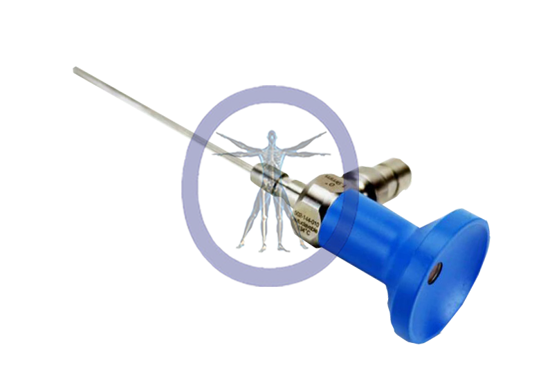 A medical Stryker-502-119-010 Ideal Eyes 1.9 mm, 0° Autoclavable Arthroscope J-Lock with a blue handle and elongated needle, symbolically prohibited with a circle and line across a human figure.