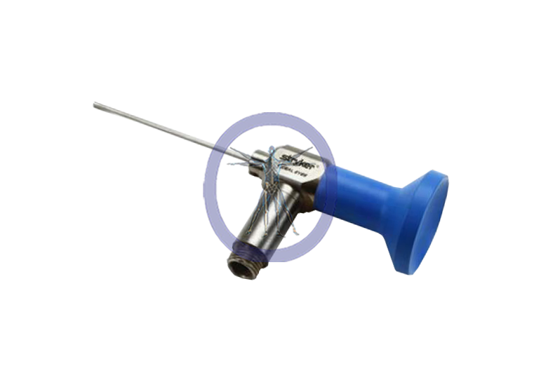 A Stryker-502-119-030 Ideal Eyes 1.9 mm, 30° Autoclavable Arthroscope, J-Lock with a blue handle and a stainless steel body, isolated on a white background.