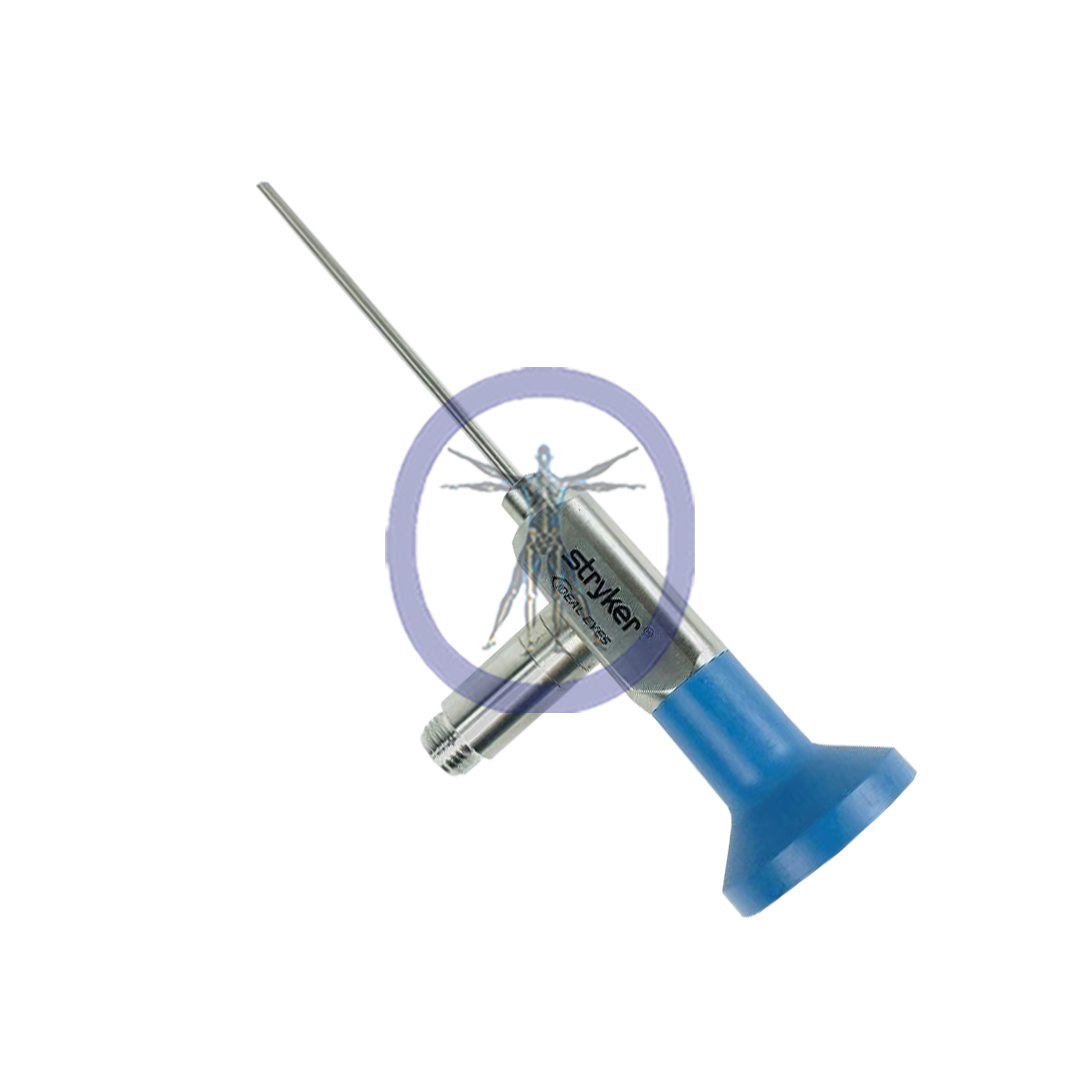 Medical Stryker-502-123-030 Ideal Eyes 2.3 mm, 30° Autoclavable Arthroscope, J-Lock with a mosquito superimposed in the center, encircled by a purple "no" symbol, against a white background.