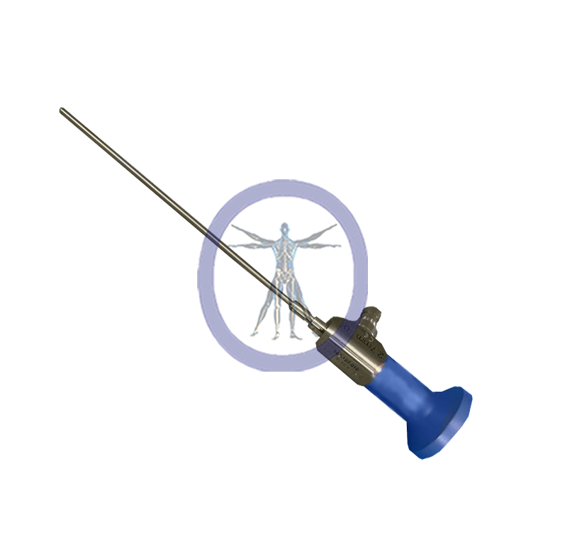 A Stryker-502-127-010 Ideal Eyes 2.7 mm, 0° Autoclavable Arthroscope, Speed-Lock with a long needle overlaying an icon of a human body, both set against a plain white background.