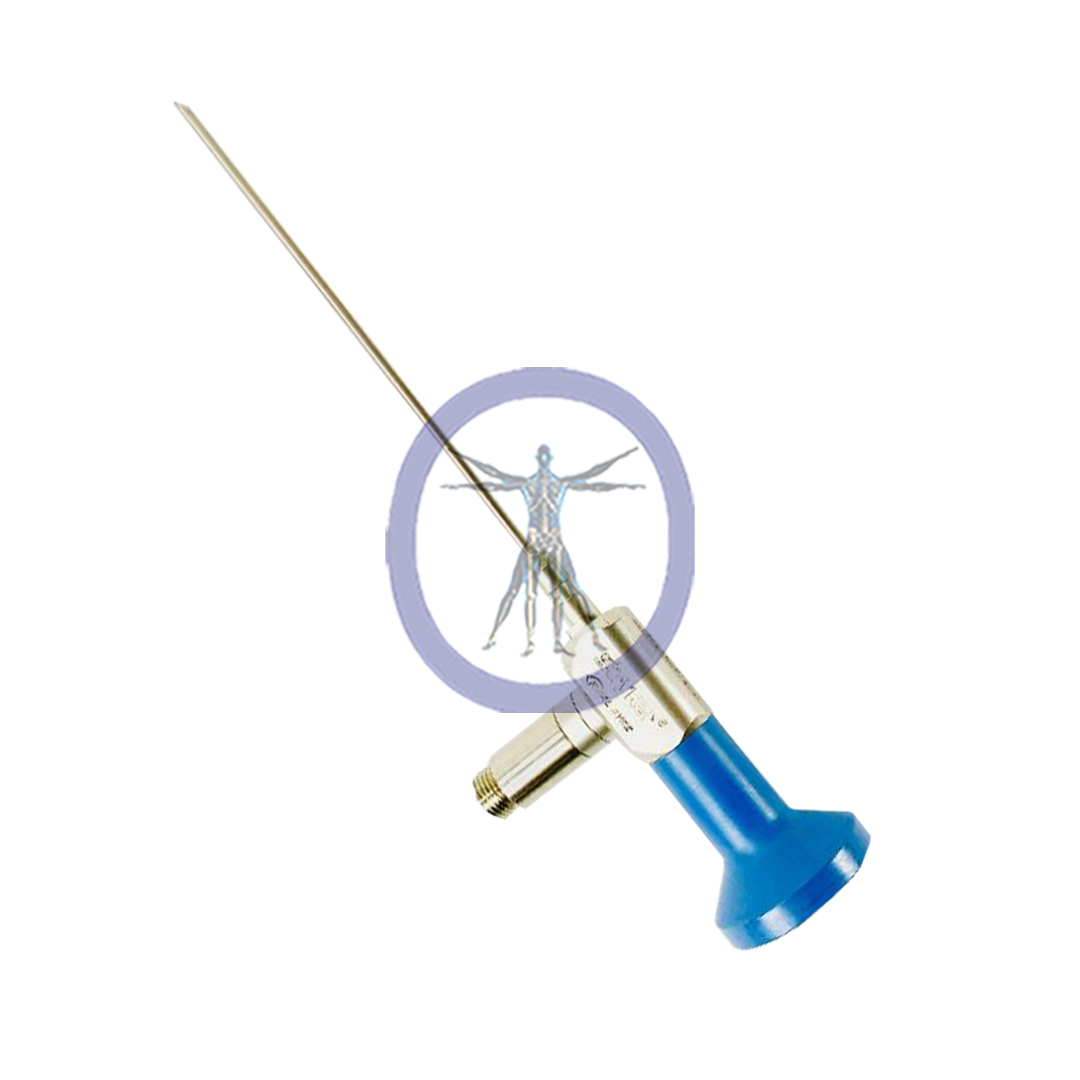 Stryker-502-127-070 Ideal Eyes 2.7 mm, 70° Autoclavable Arthroscope, Speed-Lock with a long needle, featuring a holographic human figure within a prohibition sign overlay, set against a plain white background.