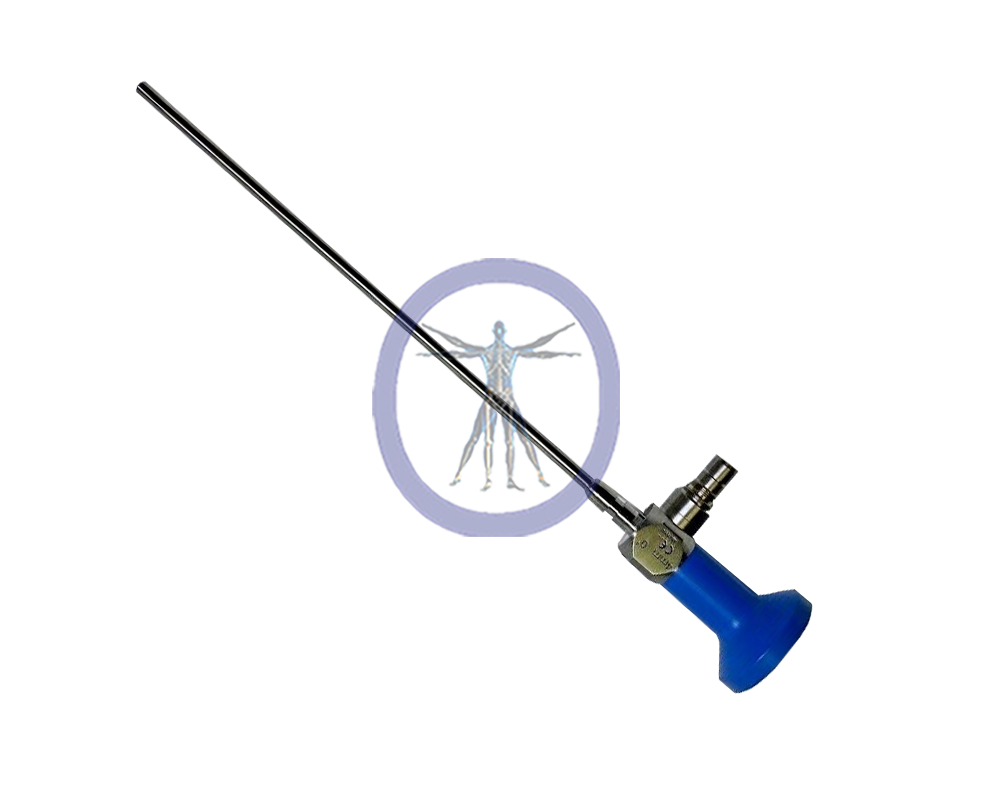 Portable Stryker-502-204-010 Ideal Eyes 4 mm, 0° Long Autoclavable Arthroscope, 165 mm with a long black handle and blue base, displayed before a white background with a gray circle and a faint human figure symbol inside.