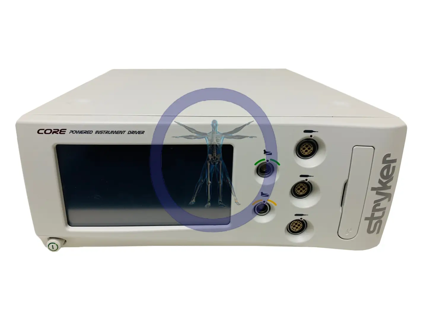 A Stryker CORE 5400-050 Electric Console, medical equipment with a display screen and multiple ports, isolated on a white background.