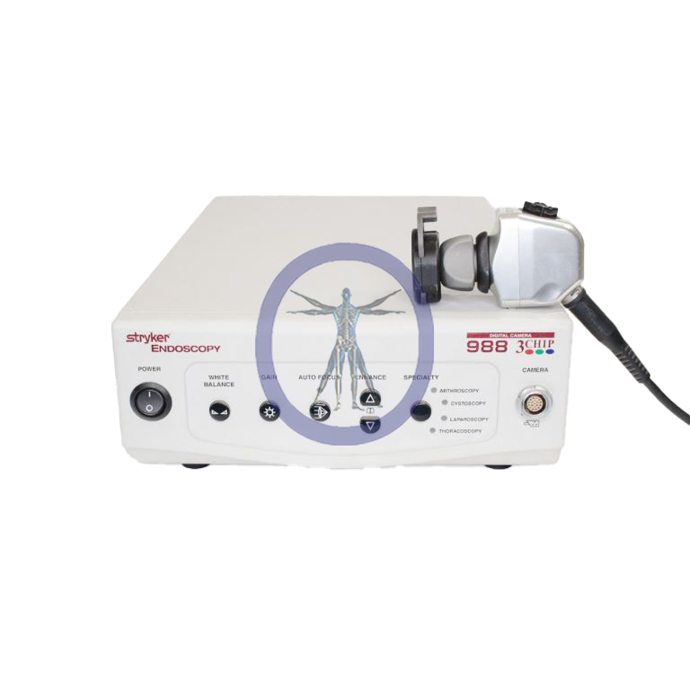 Stryker 988 Camera System for medical use, featuring various control knobs and a connected cable on a white background.