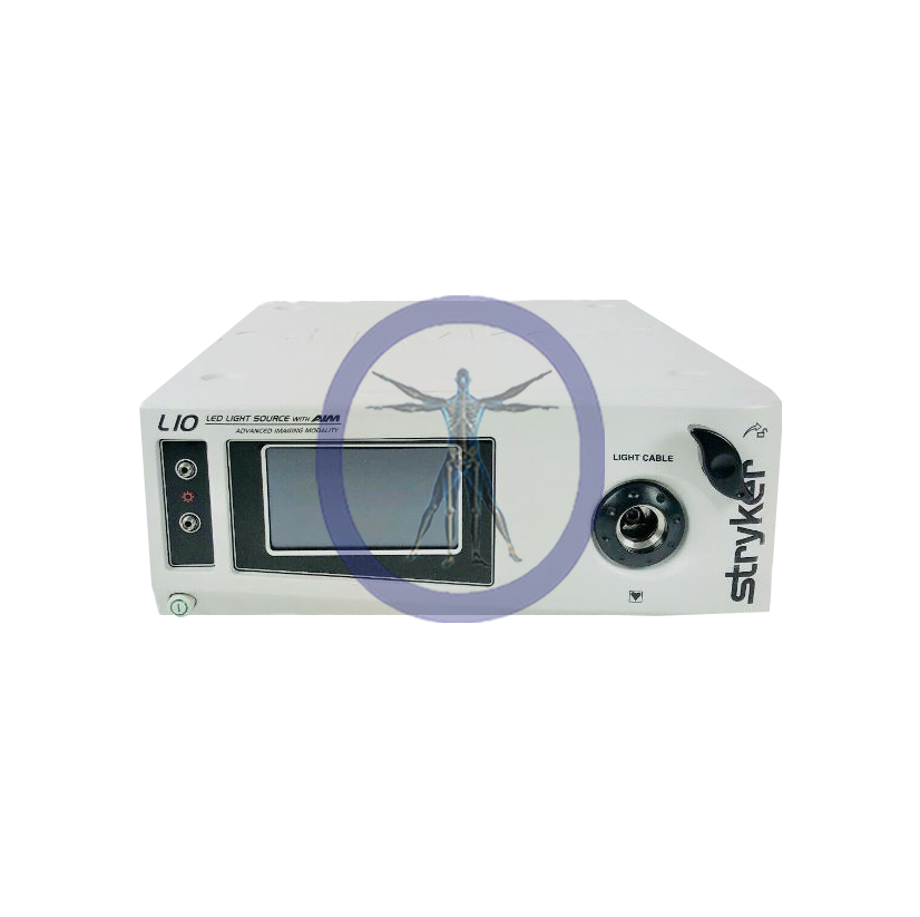 A Stryker L10 LED Light Source device for medical applications, featuring adjustment knobs, a display screen, and various ports.