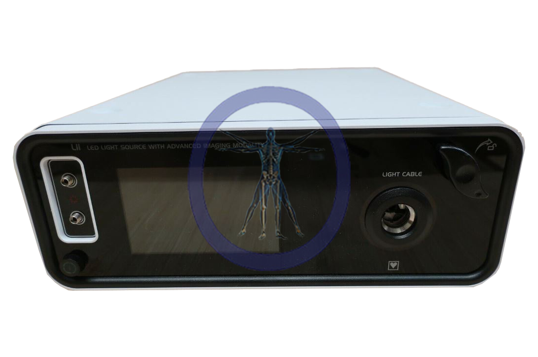 Stryker L11 LED Light Source with advanced settings, featuring a frontal digital display screen showing a skeletal figure, and ports on the left side.