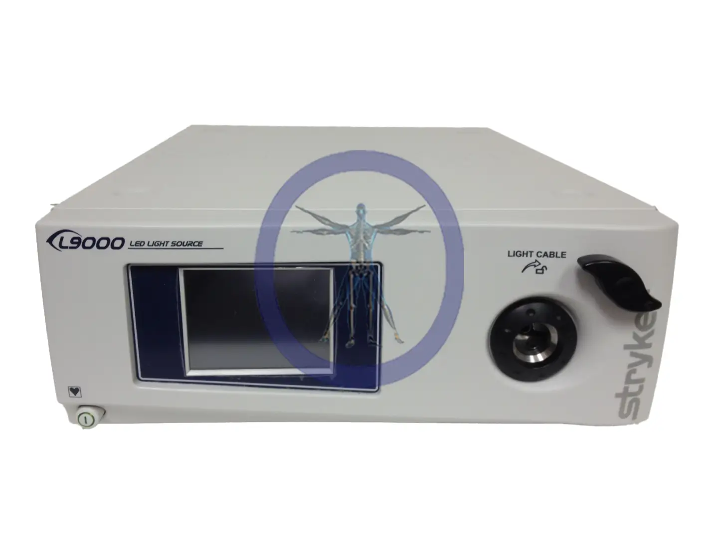 Sentence using the product name: Stryker L9000 LED Light Source with branding and control knobs, isolated on a white background.