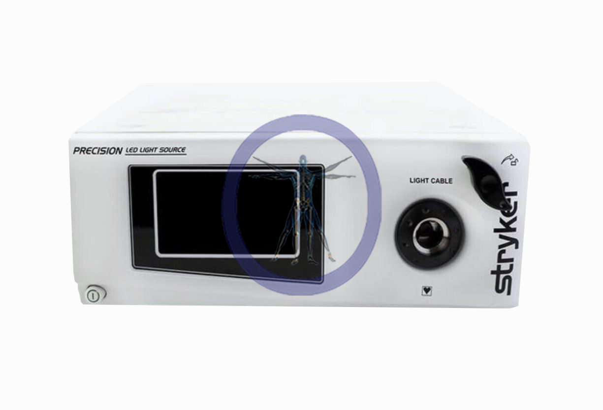 Image depicting a white Stryker Precision LED Light Source medical device, with a visible logo and a connector for a light cable.