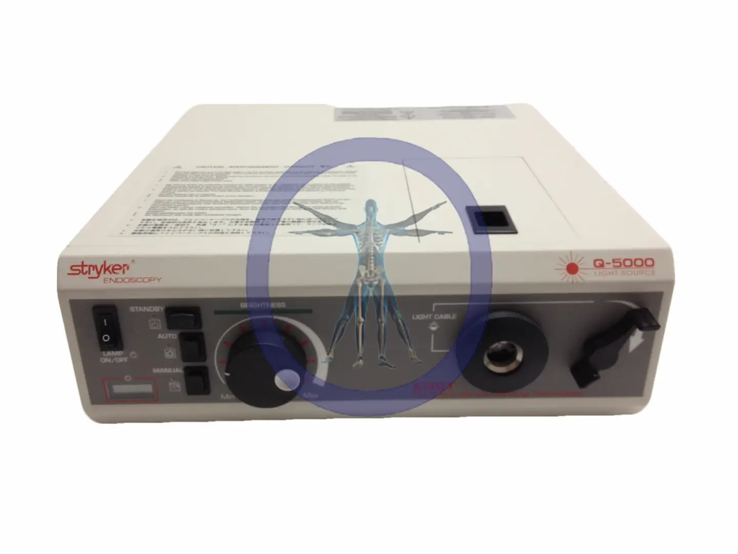 A Stryker Q5000 Light Source medical device with various control knobs, inputs for equipment, and a highlighted central figure diagram overlaid with a blue circle.