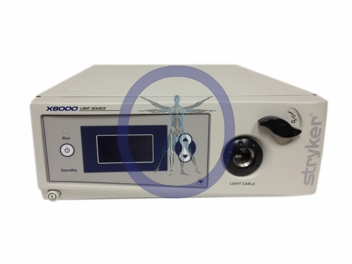 A Stryker X8000 Light Source medical device with a diagram of the human nervous system superimposed on the front panel.