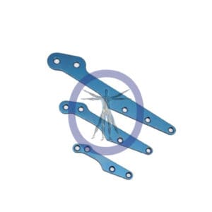 Three blue orthopedic surgical plates.