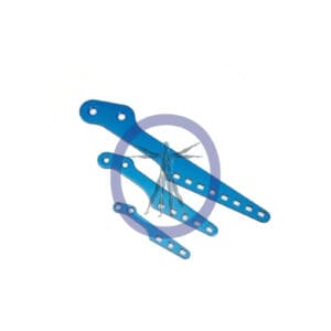 Three blue orthopedic plates on white background.
