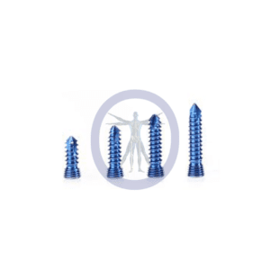 Three blue surgical screws of varying sizes.