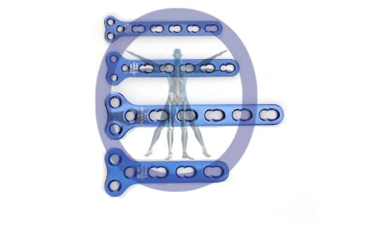 Set of blue bone plates for surgery.