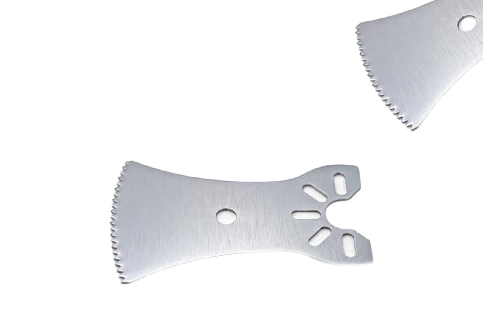 Two 18.5 MM X 16.6 MM X 0.48 MM Small Bone Sagittal Blades with serrated edges, isolated on a white background.