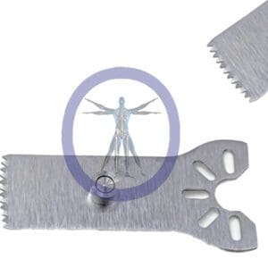 Illustration of a small, translucent blue human figure standing between the blades of two interlocking metal saws, encircled by a purple ring featuring the 18.5 MM X 9.0 MM X 0.48 MM Sagittal Small Bone Sagittal Blade W/Stop – Stryker TPS Hub – OSSSM-3101.