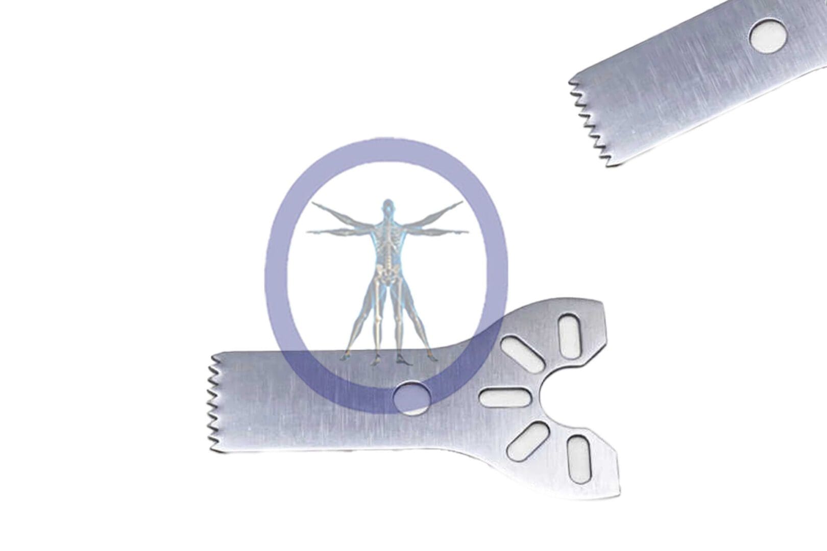 Graphic illustration of the vitruvian man within a purple circle, superimposed on an 18.5 MM X 9.2 MM X 0.48 MM Small Bone Sagittal Blade – Stryker TPS Hub – OSSSM-3105 multi-tool with various wrenches and serrated edges.