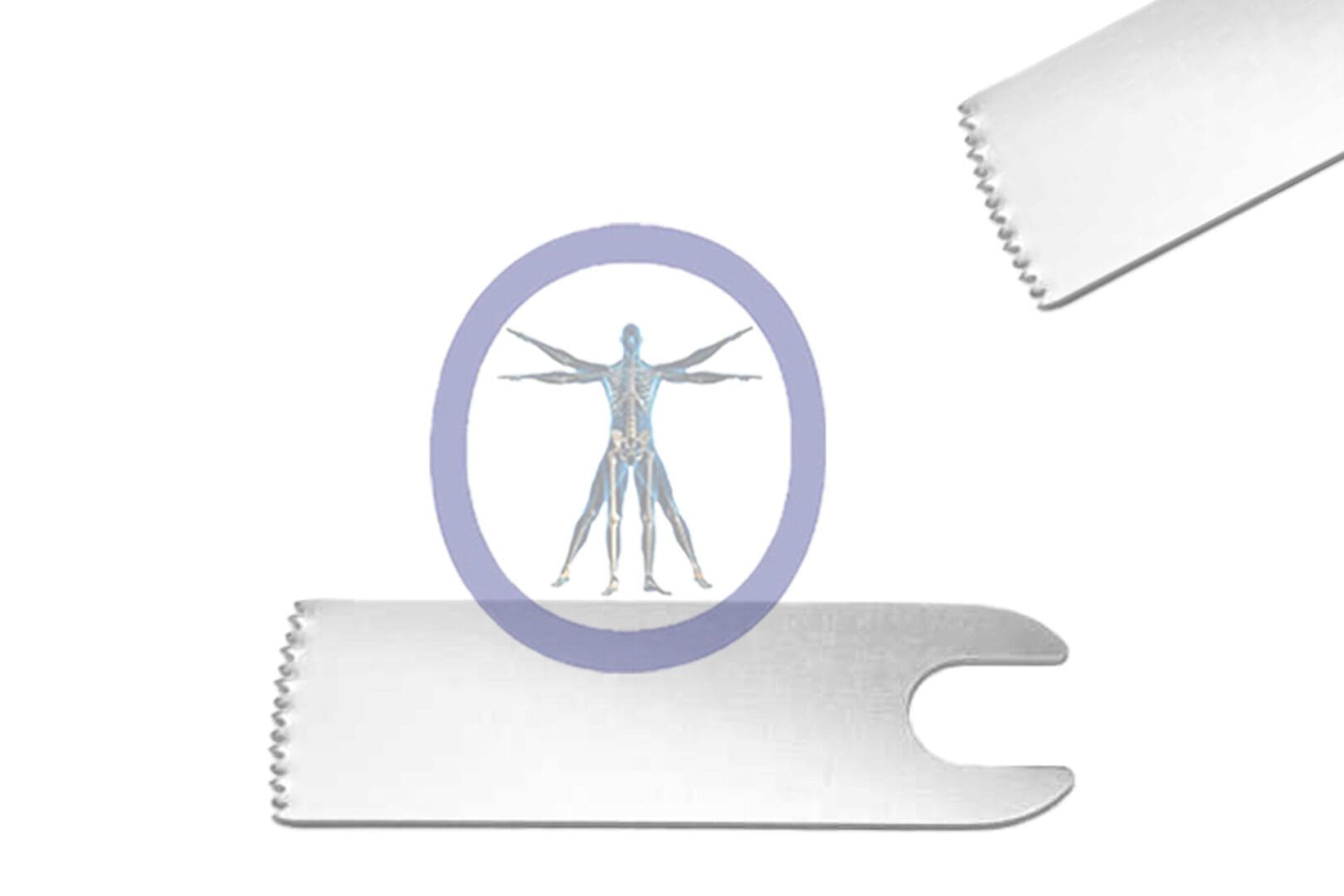 A graphic depicting a human anatomy diagram superimposed on a 18.5 MM X 9.7 MM X 0.60 MM Small Bone Oscillating Blade Conmed Style – OSSZM-263, with a saw blade positioned above, on a white background.