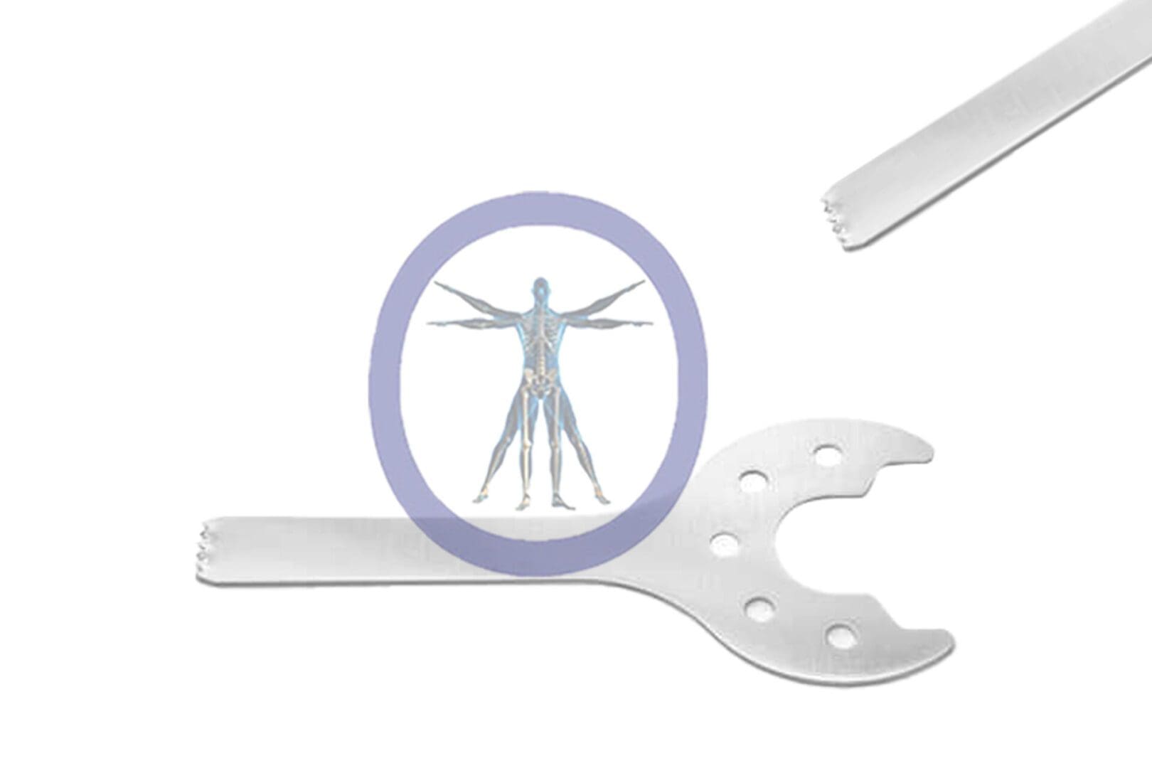 An illustration of a human anatomy within a magnifying glass, overlaid on a 23.0 MM X 4.4 MM X 0.60 MM Small Bone Sagittal Blade – Conmed Micro Hub – OSSZMS-139, with a pencil to the right on a white background.