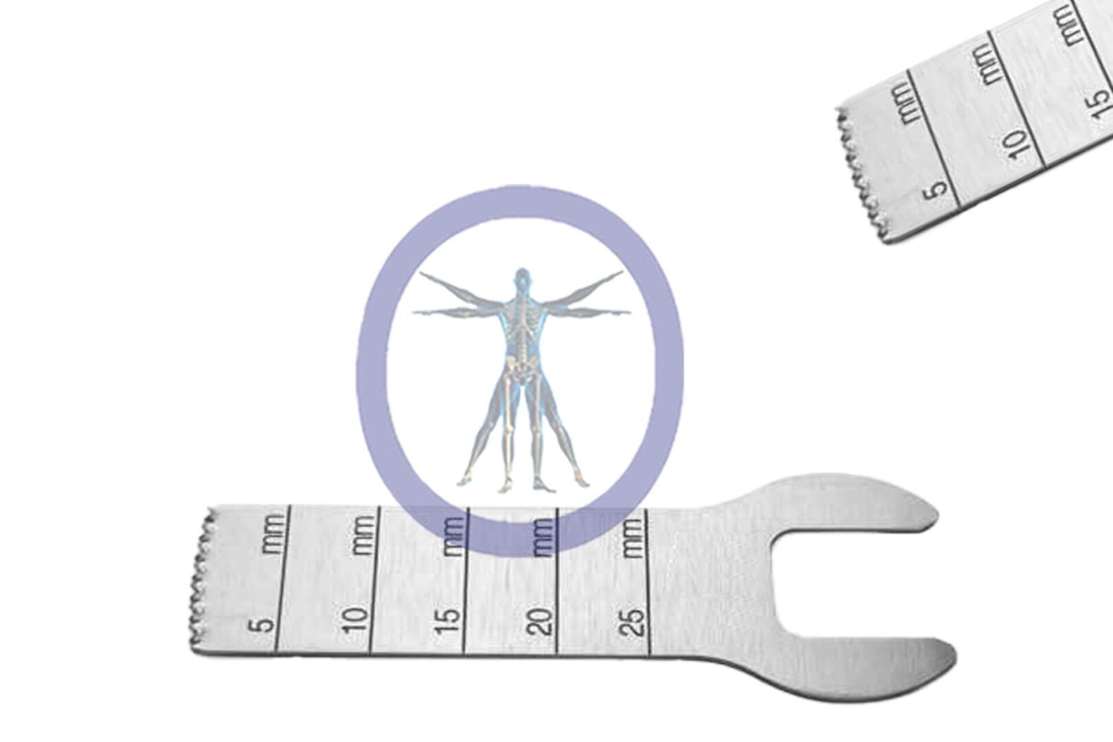Illustration of a vitruvian man in a circle, overlaid on a 25.0 MM X 10.2 MM X 0.97 MM Small Bone Sagittal Blade – 3M Micro Hub – OSSOK-144 and ruler, symbolizing the integration of human biology with engineering and measurement.