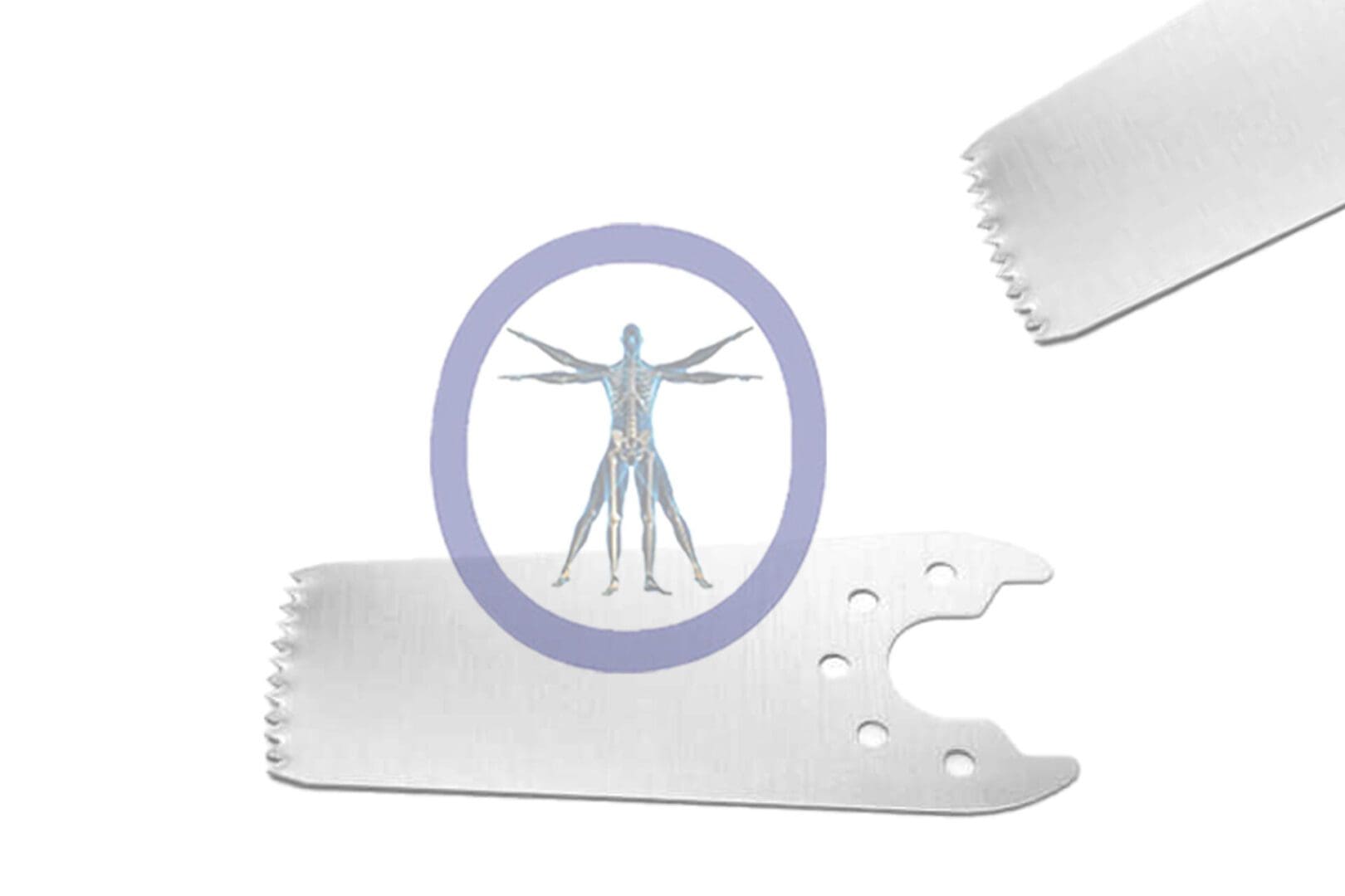 An illustration of the 25.0 MM X 14.0 MM X 0.60 MM Small Bone Sagittal Blade – Conmed Micro Hub – OSSZMS-137 within a purple circle, placed over a white, semi-transparent seesaw with a serrated edge.