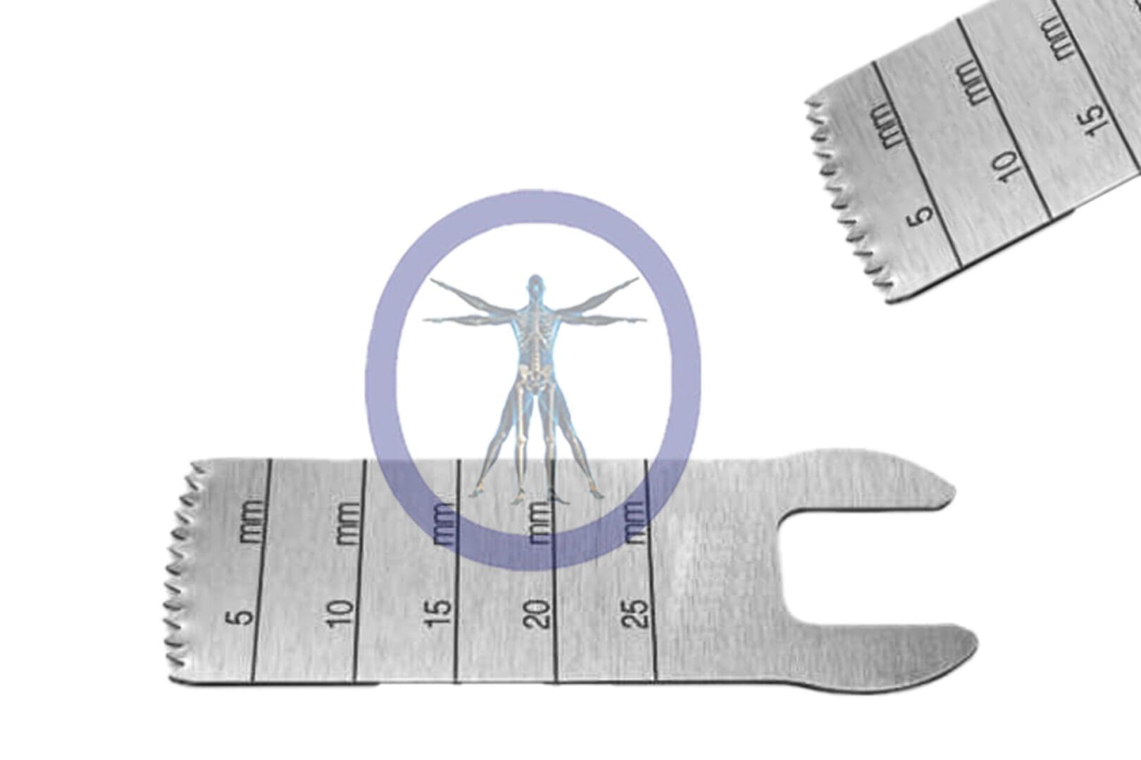 An illustrated human figure with a nervous system depiction, superimposed on the 25.0 MM X 14.0 MM X 0.64 MM Small Bone Sagittal Blade – 3M Micro Hub – OSSOK-147 and ruler, symbolizing measurement or human anatomy study.