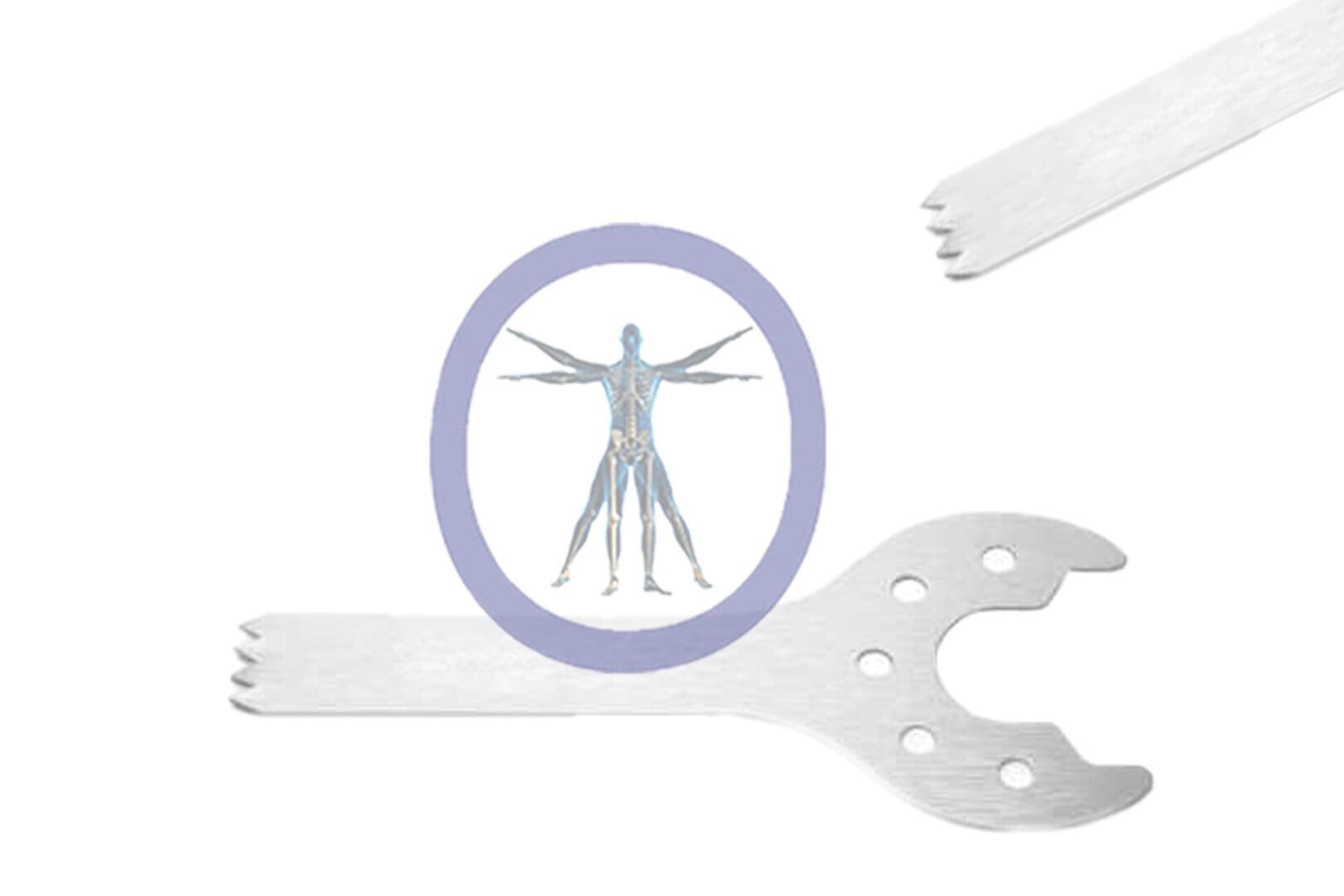 Illustration of a 25.0 MM X 5.5 MM X 0.65 MM Small Bone Sagittal Blade within a circle, superimposed on a stylized metallic wrench, with a white background.