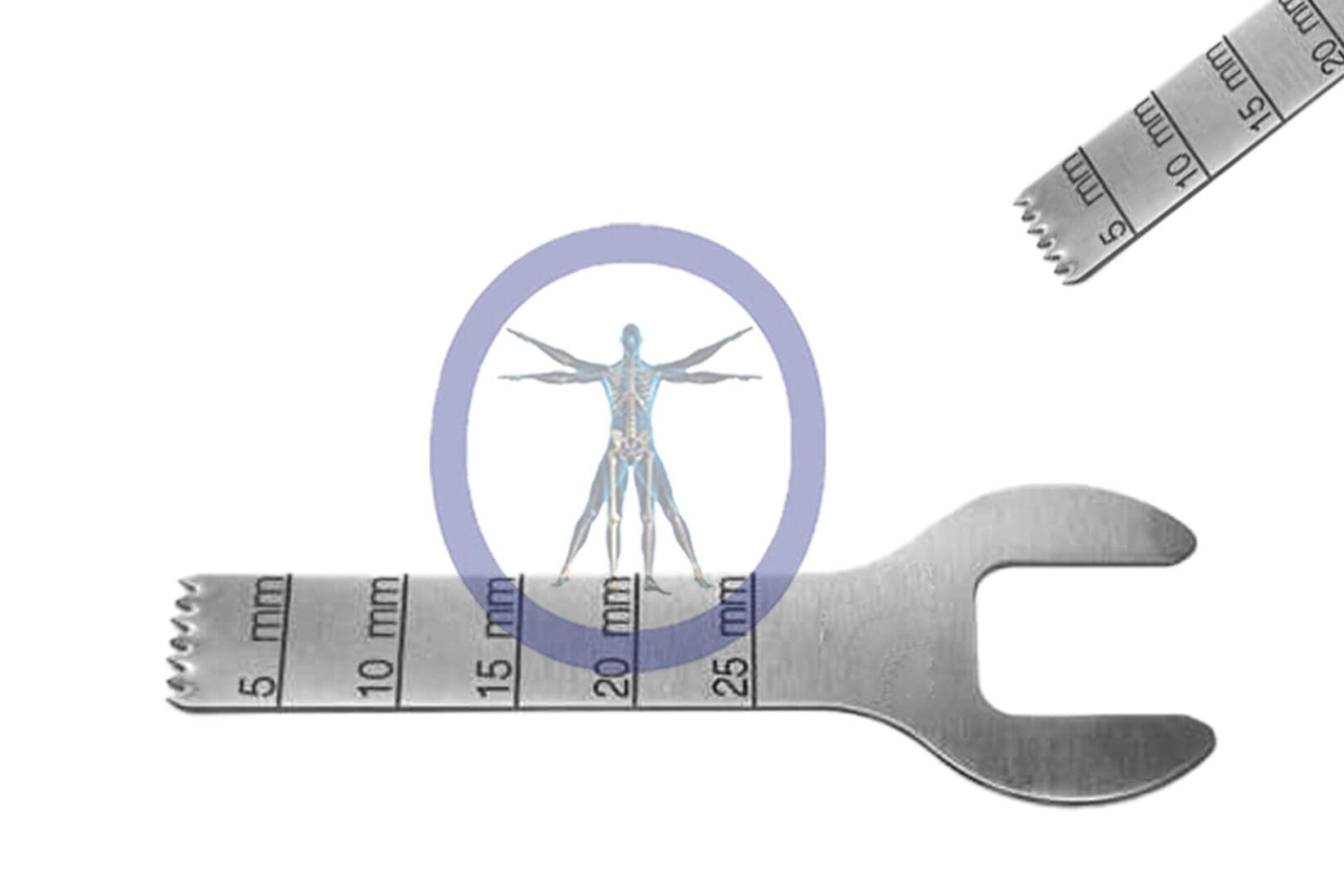 An illustration showing a human anatomy diagram within a magnifying glass, superimposed over a 25.0 MM X 6.4 MM X 0.64 MM Small Bone Sagittal Blade – 3M Micro Hub – OSSOK-152 and a measuring tape.